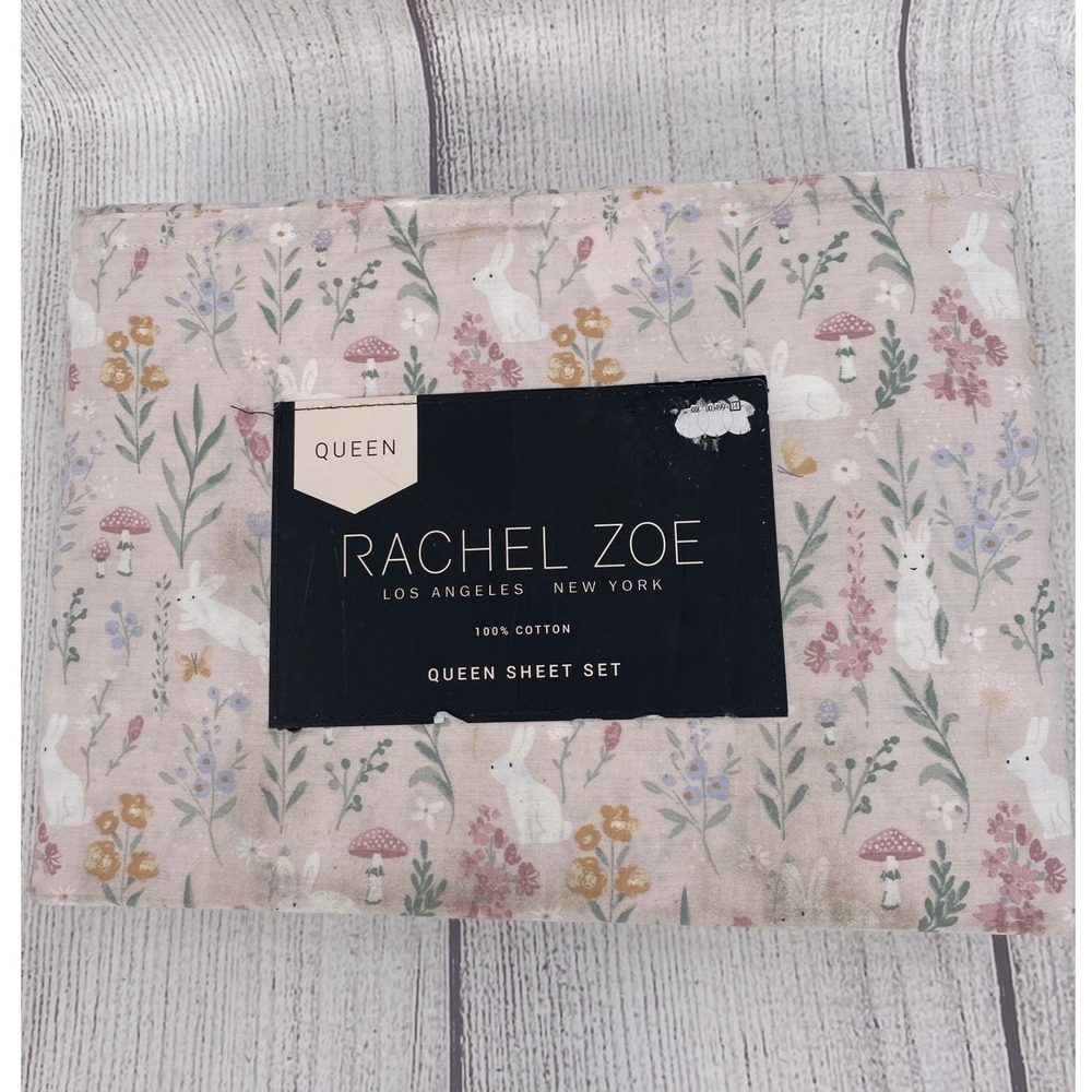 Rachel Zoe Sheet Set Queen Pink Rabbit Mushroom Floral 100% Cotton Spring Summer